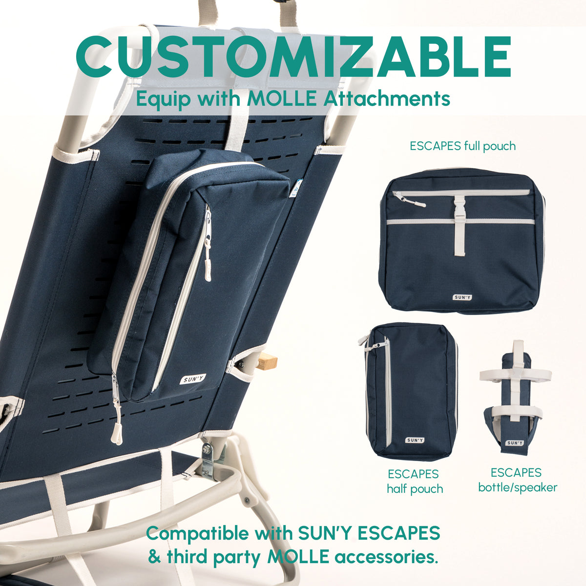 Customizable backpack beach chair with MOLLE attachment system for pouches and accessories