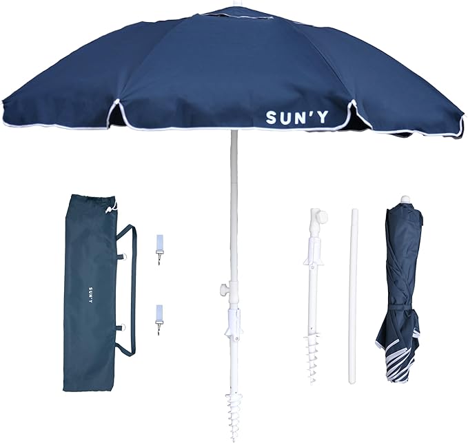 SUN'Y ESCAPES portable beach umbrella with sand anchor, carry bag, and pole accessories on white background