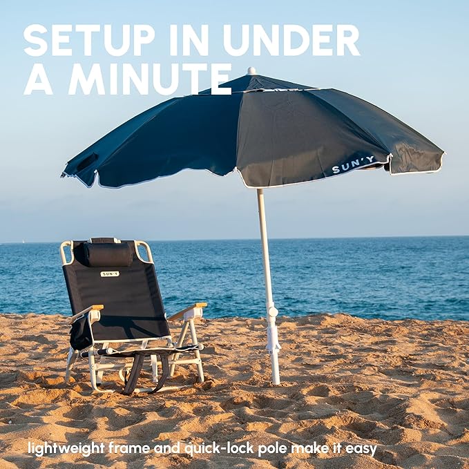 SUN'Y ESCAPES beach umbrella and backpack chair set up on sandy beach with ocean view, quick setup under a minute