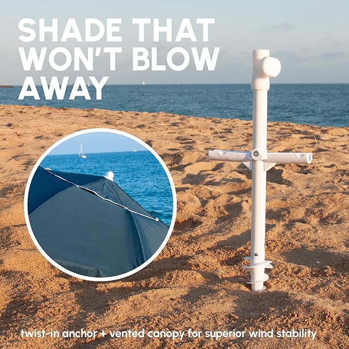 SUN'Y beach umbrella twist-in sand anchor and vented canopy for wind stability on sandy beach