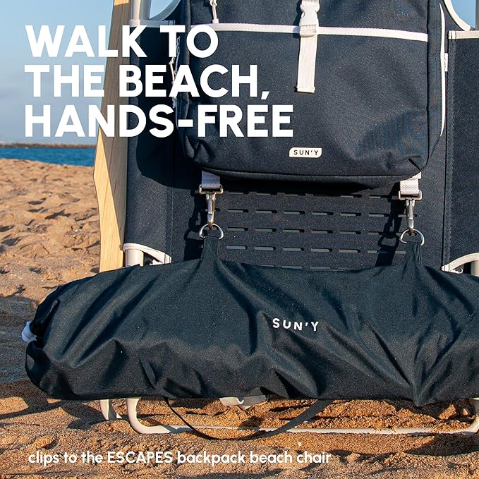 SUN'Y ESCAPES beach umbrella clipped to backpack beach chair for hands-free carry to the beach