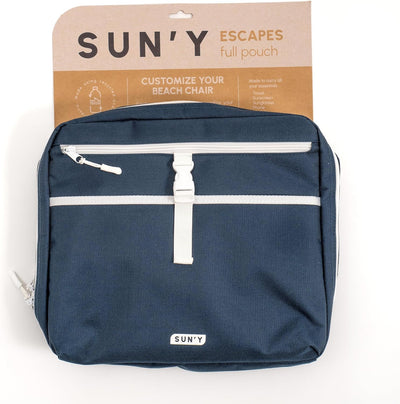 SUN'Y ESCAPES full pouch in nautical navy with retail packaging showing zippered compartments and SUN'Y branding