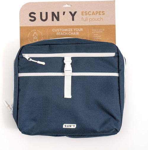 SUN'Y ESCAPES full pouch in nautical navy with retail packaging showing zippered compartments and SUN'Y branding
