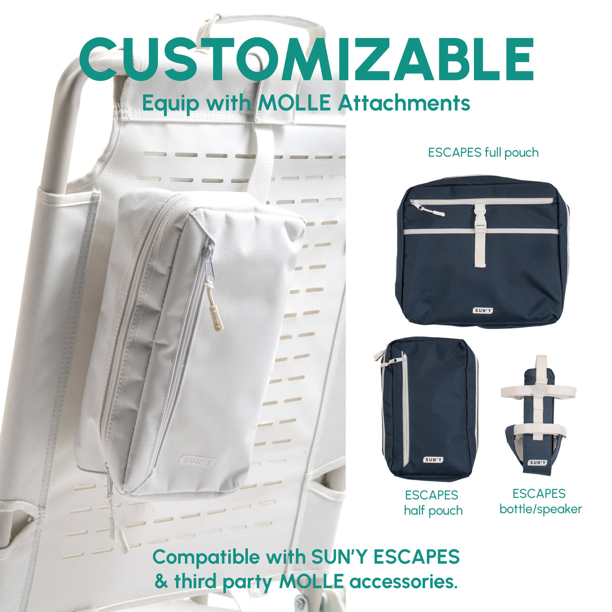 MOLLE-compatible accessories for ESCAPES beach chair including full pouch, half pouch, and bottle speaker holder