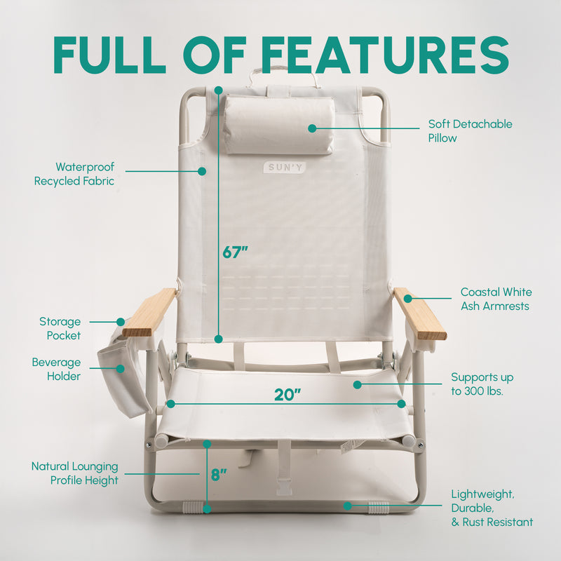 Backpack beach chair features diagram showing cup holder, storage pocket, detachable pillow, 300 lb capacity, and 8 inch seat height