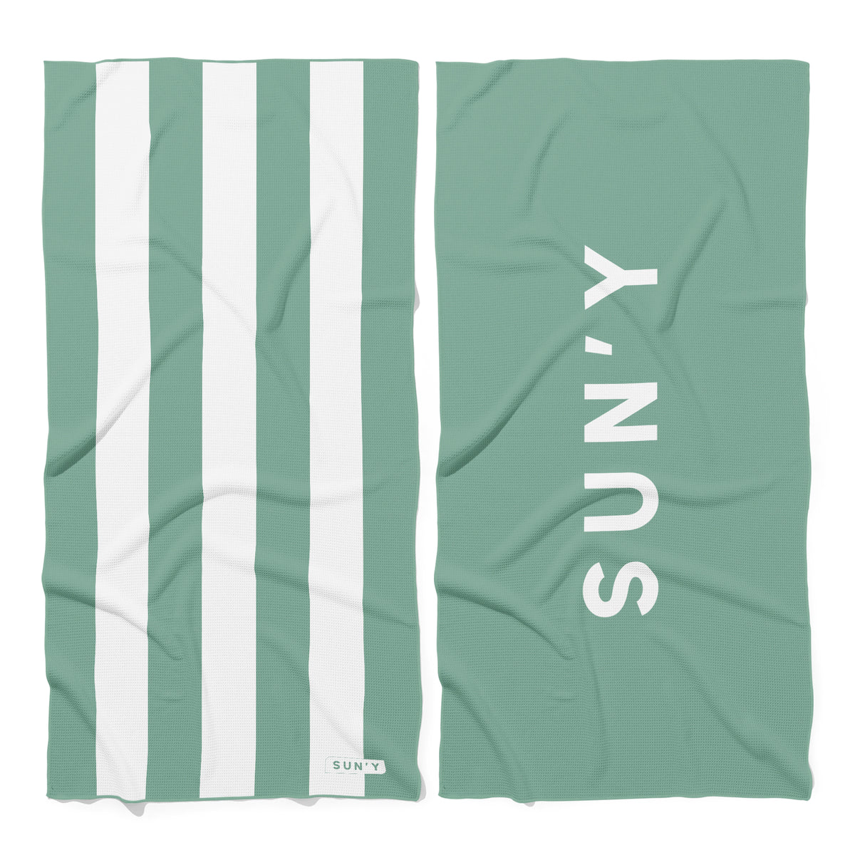 SUN'Y Stripes Collection Sea Green sand free beach towel with green stripe design