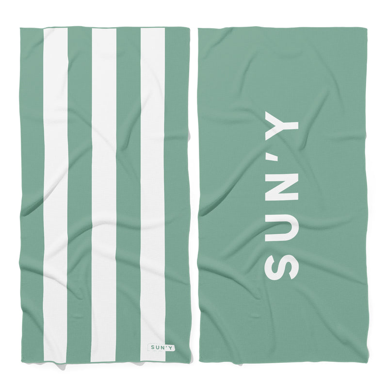 SUN'Y Stripes Collection Sea Green sand free beach towel with green stripe design