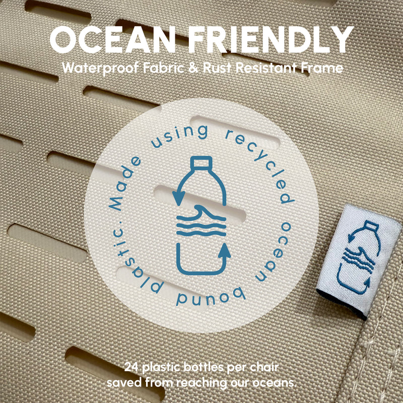 Beach chair fabric made from recycled ocean-bound plastic bottles with waterproof rust-resistant frame