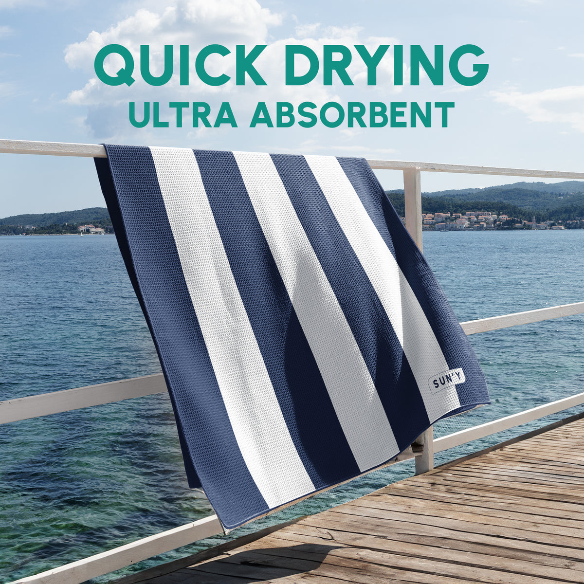 Nautical Navy stripe sand free beach towel quick-dry feature demonstration