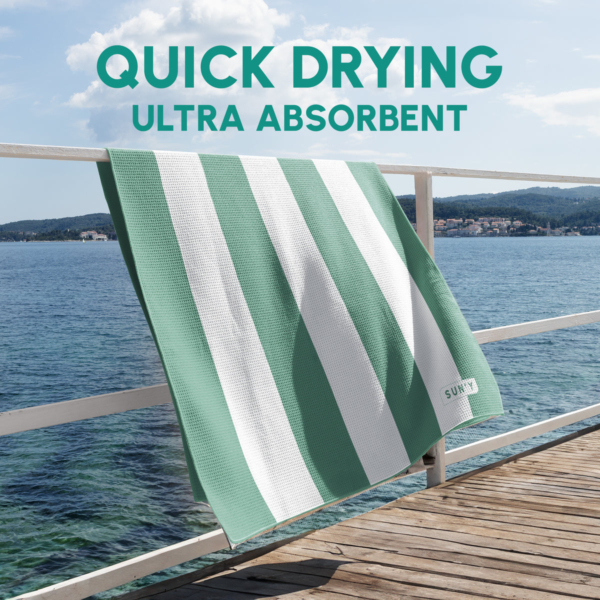 Sea Green stripe sand free beach towel quick-dry feature demonstration