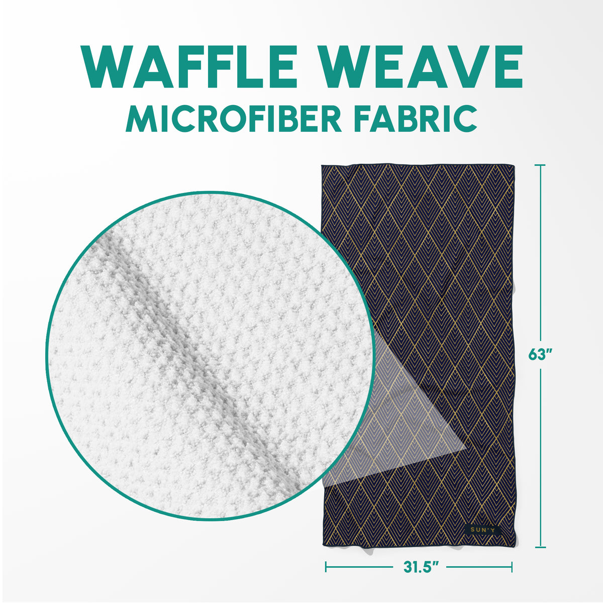 Newport sand free towel full dimensions and waffle texture detail view